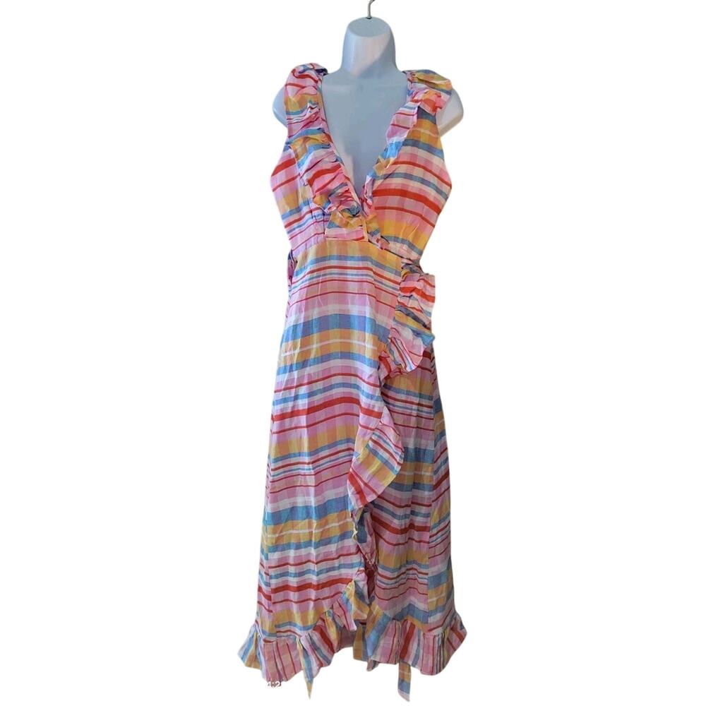 Never A Wallflower Ruffle Long Wrap Linen Dress Pink Spanish Plaid Sz M - Picture 4 of 8
